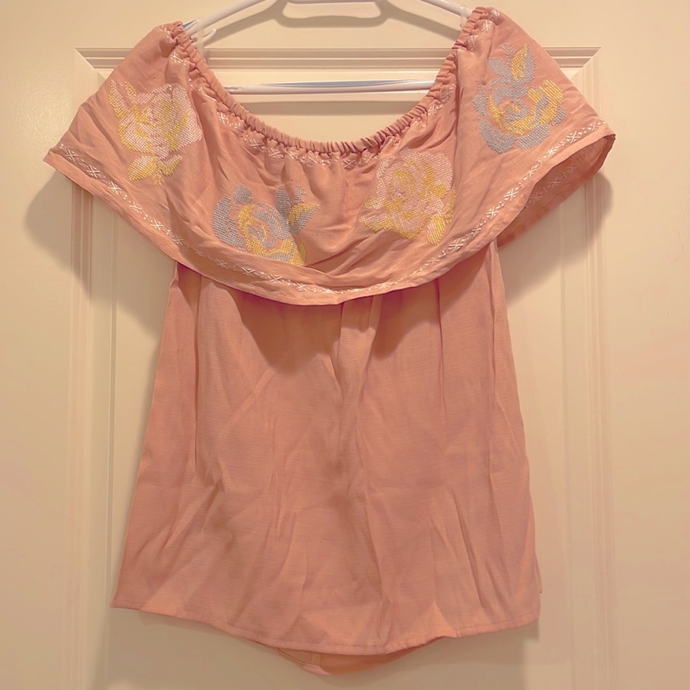 Pink Off the Shoulder Embroidered Blouse